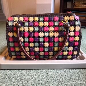 Boho Woven coconut shellShoulder Bag Multicolored Wood‎ Circles Beaded Handle